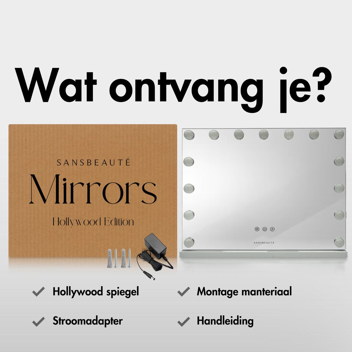 Sansbeauté® Hollywood Mirror 58x43 cm - Miroir de maquillage - 15 lampes LED - grossissement 10x - dimmable - port de charge USB - Touch Control - Bluetooth - blanc