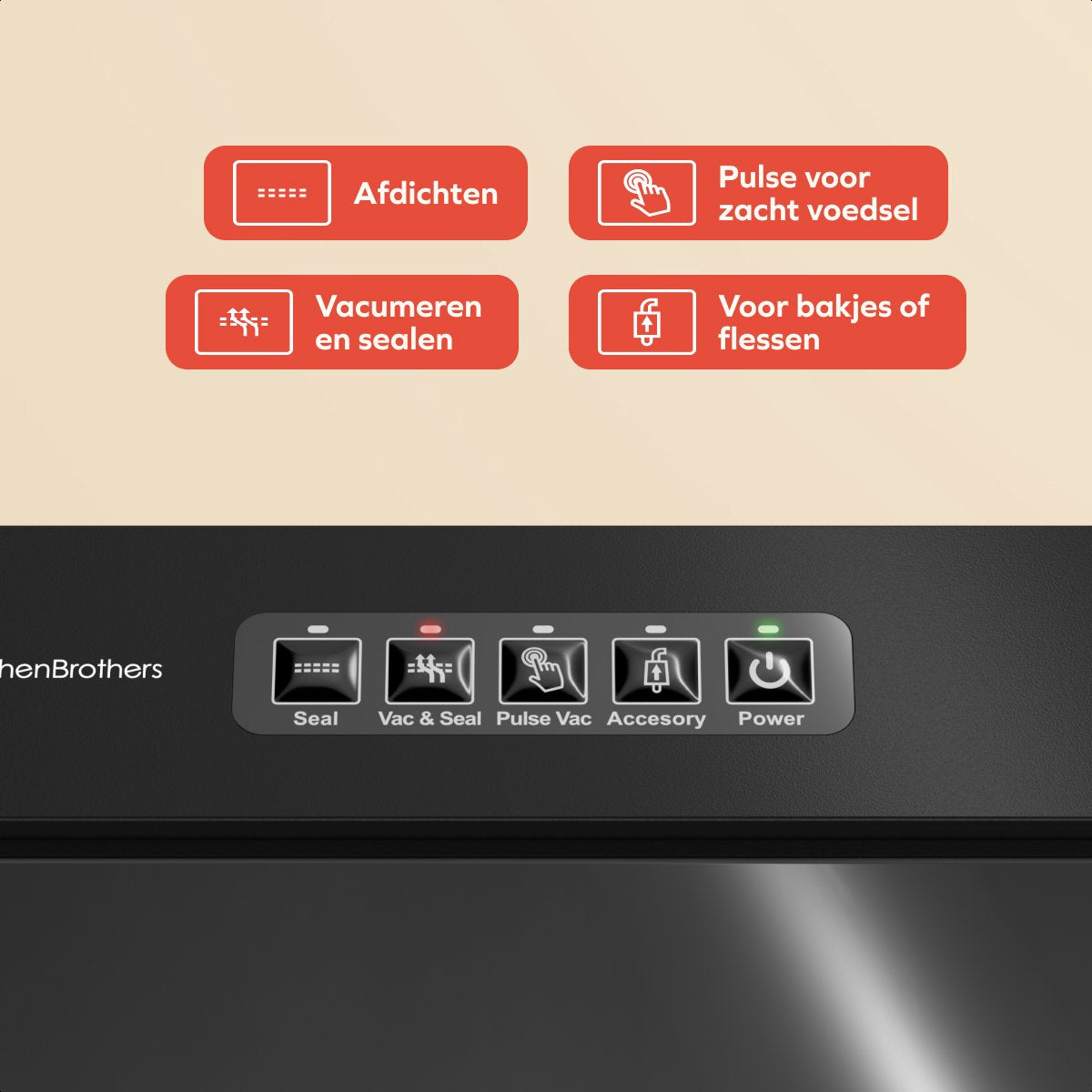 KitchenBrothers Vacuum machine Essential - Machine à emballer sous vide 4,5 L/min - 4 supports - 40 sacs de mise sous vide sans PFAS et tuyau de mise sous vide inclus - Noir