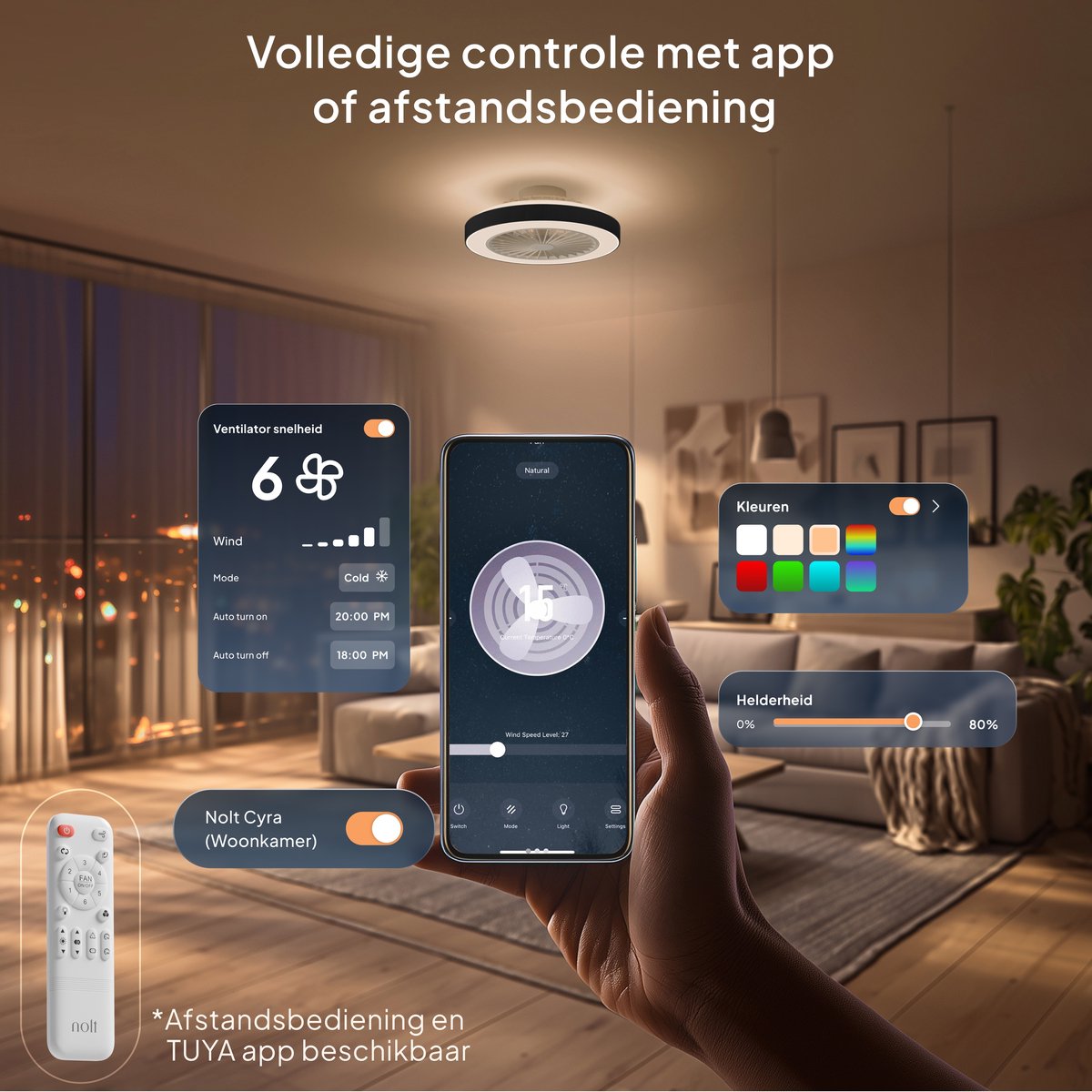Nolt Ventilateur de plafond avec éclairage - Ventilateur de plafond - Plafonnier - LED RGBW - Tuya Wifi Smart - Télécommande - ⌀ 50cm - Noir