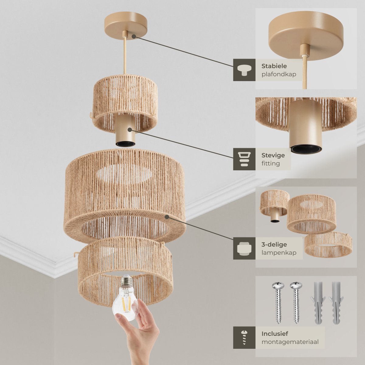 Tectake Lampe pendante Allegra - Plafonnier en jute Ø32 cm - Design Boho - Prise E27 - Max. 40W - Beige