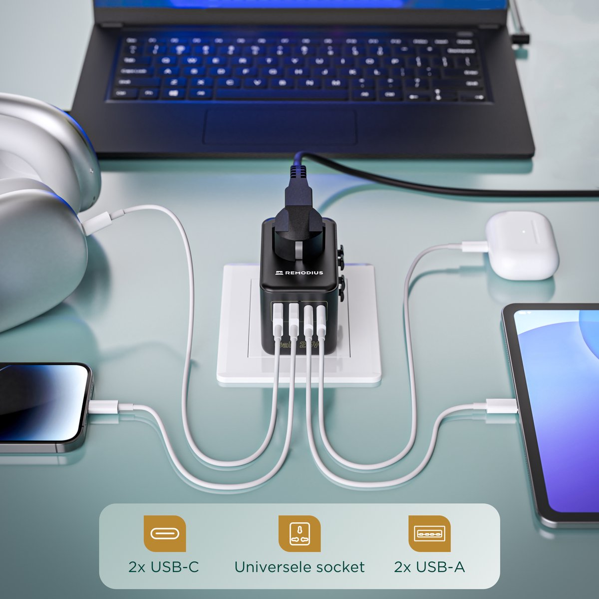Remodius World Plug - Adaptateur de voyage universel pour plus de 220 pays - 2x USB-C & 2x USB-A - Chargeur rapide - Type A/B/C/D/E/F/G/I/J/L/N - Compact et résistant aux bagages à main