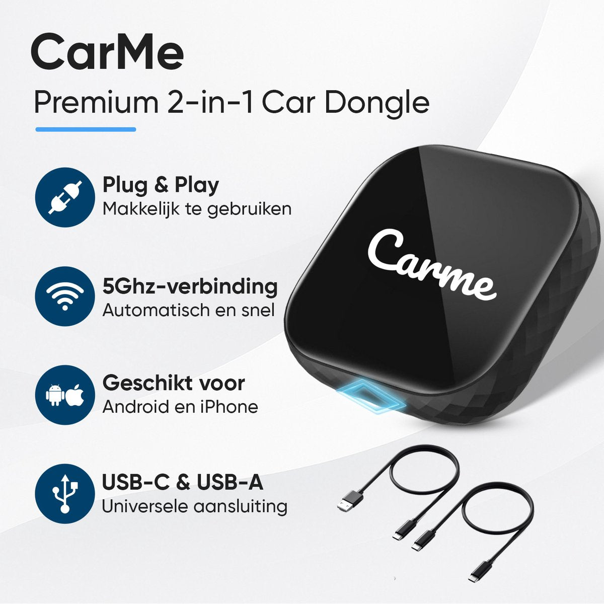 CarMe Premium 2-in-1 CarPlay Dongle - Wireless CarPlay & Android Auto - USB-A & USB-C - Connexion 5GHz - Auto Pairing - Noir