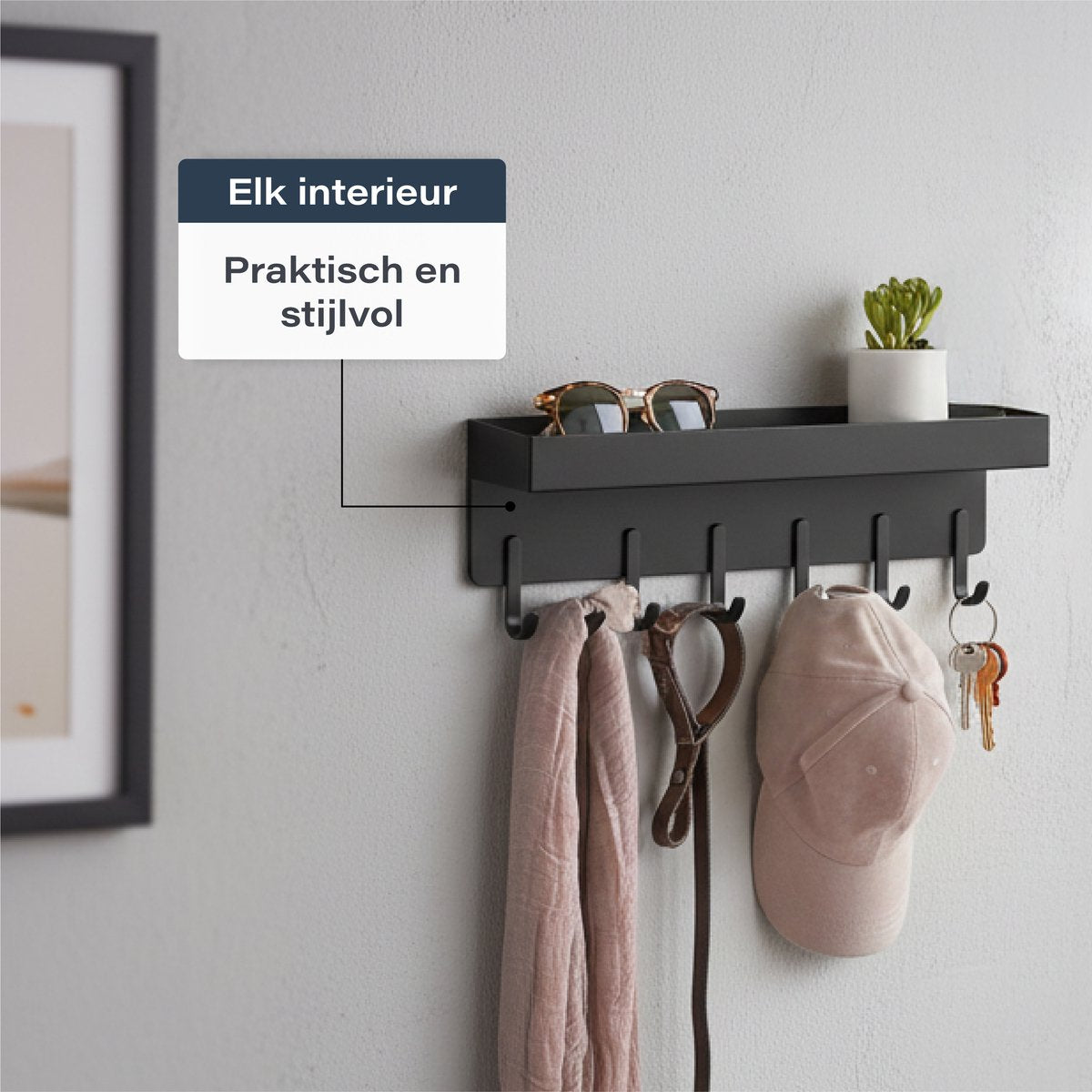 Luft Porte-clés avec étagère - 6 crochets - Porte-manteau - Organisateur - Mural - Industriel - Noir