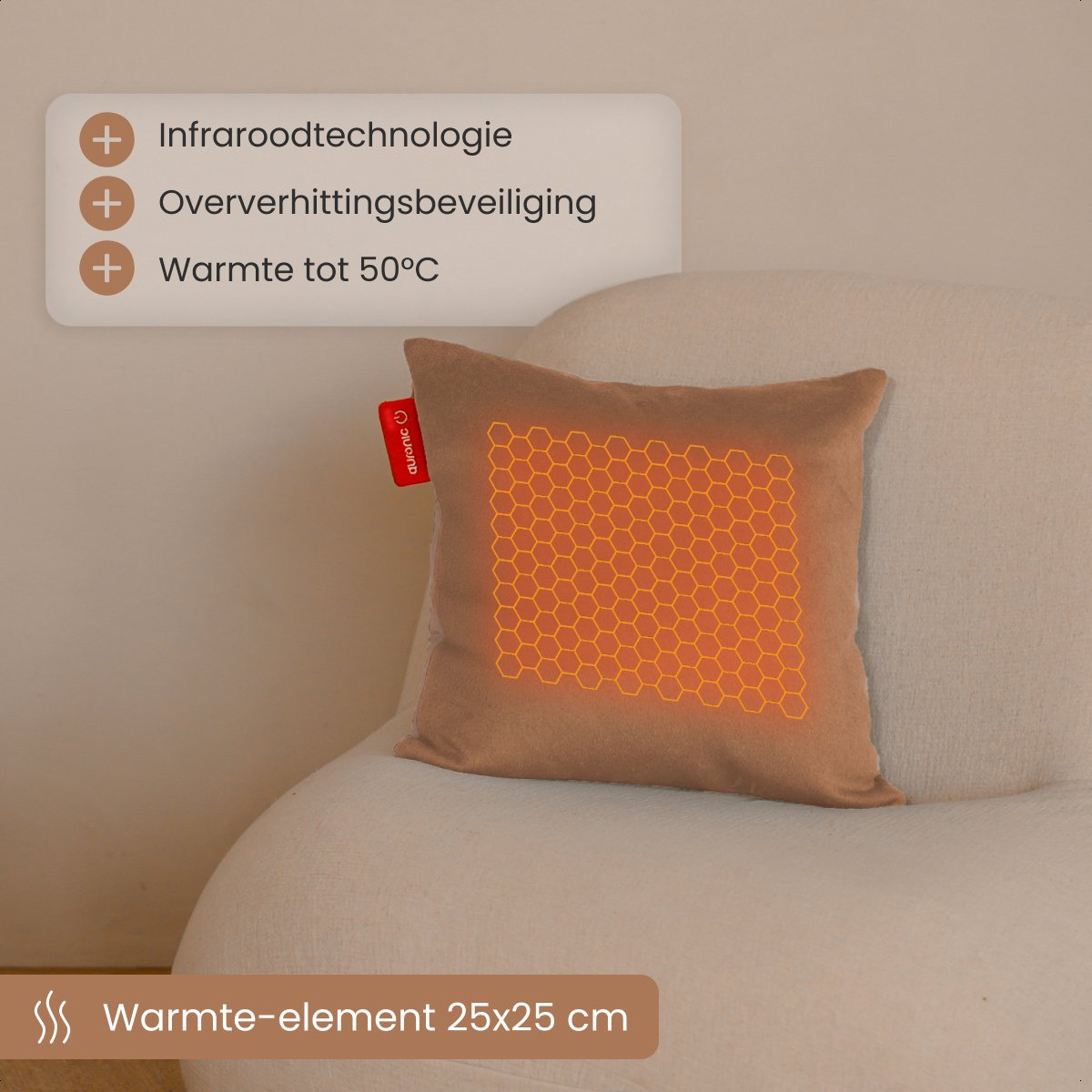 Auronic Heat Pillow Classic 45x45 cm - Sans fil et rechargeable - Oreiller électrique avec infrarouge - Rose poudré