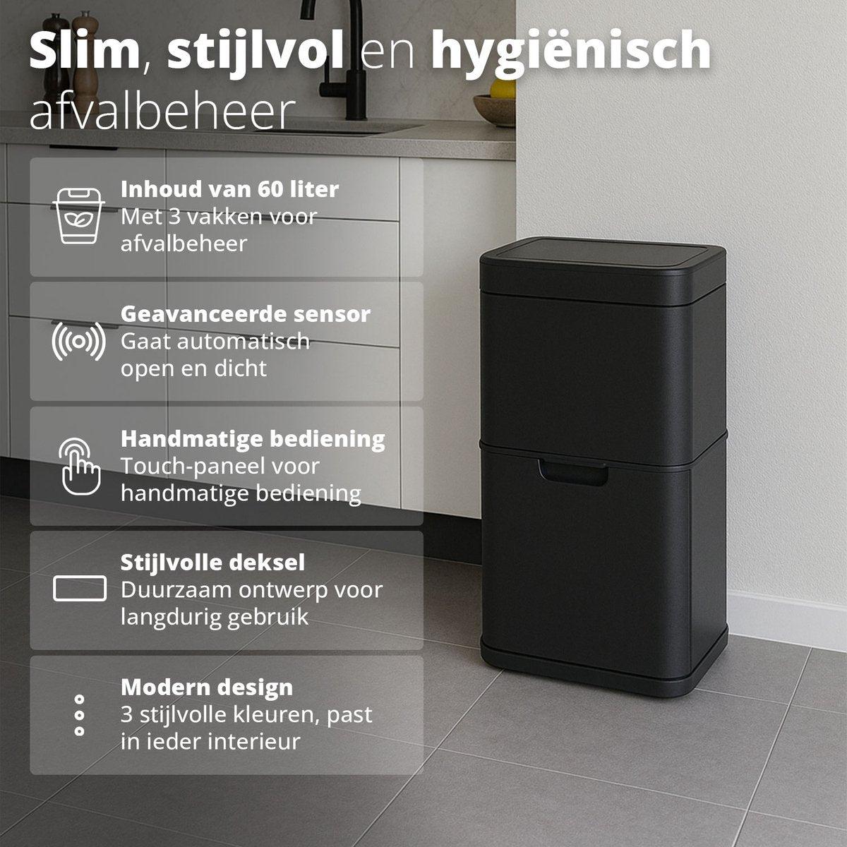 Home & Comfort - FlinQ Senzaro 60L Trash Bin Waste Separation - Poubelle - Poubelle de tri sélectif - Détecteur de mouvement - Noir