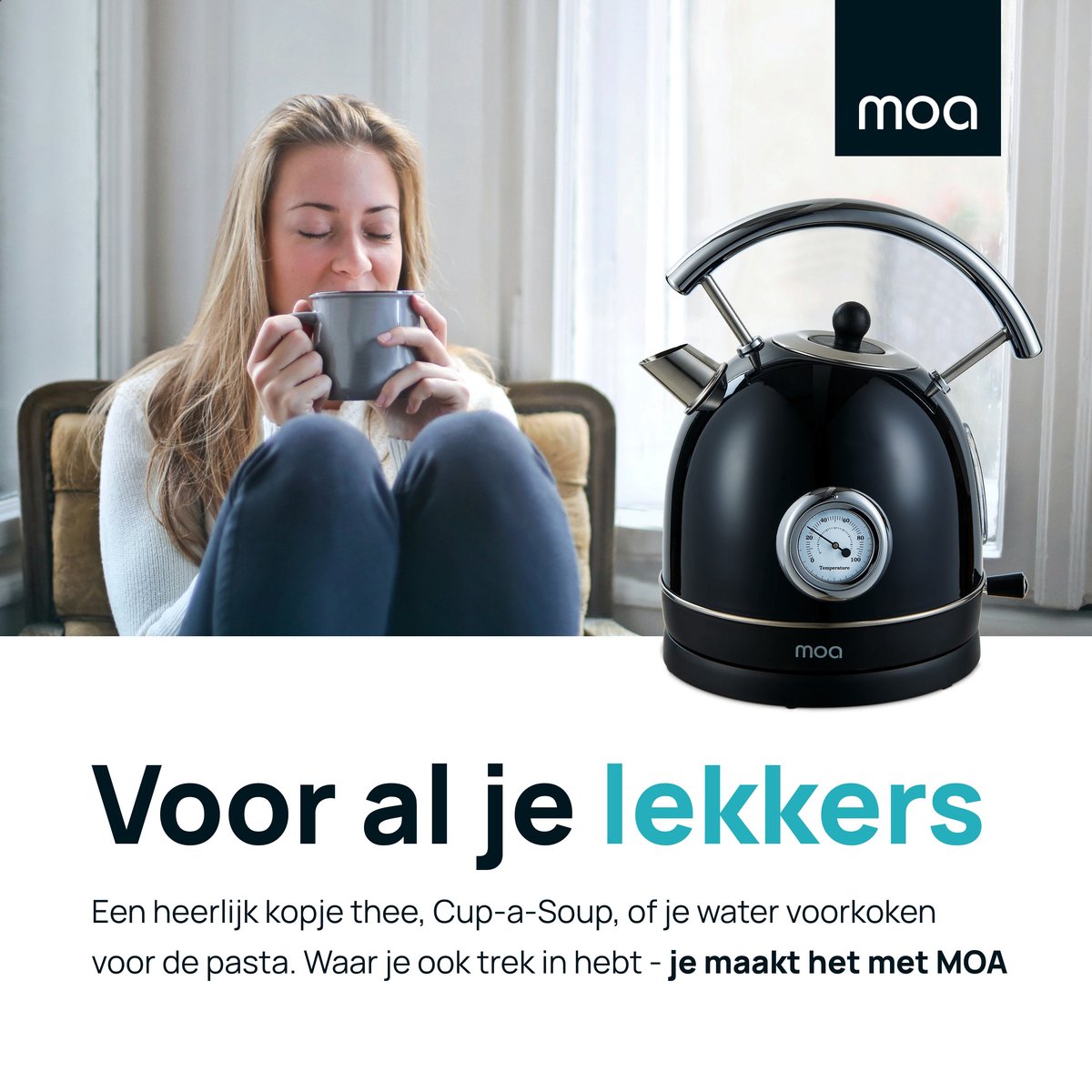 MOA® Retro Kettle - 1,8 litre - Acier inoxydable - Avec thermomètre et filtre anticalcaire - 2200W - Noir