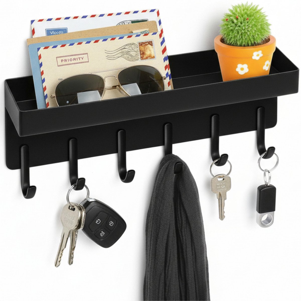 Luft Porte-clés avec étagère - 6 crochets - Porte-manteau - Organisateur - Mural - Industriel - Noir