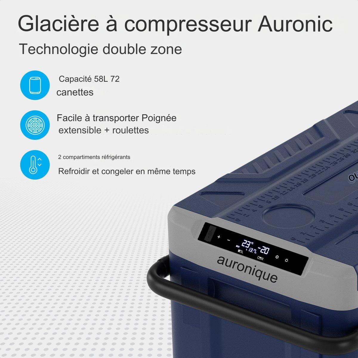 Glacière électrique Auronic avec roues - congélation et refroidissement - 58L - 69.2 x 45.3 x 58 cm - bleu