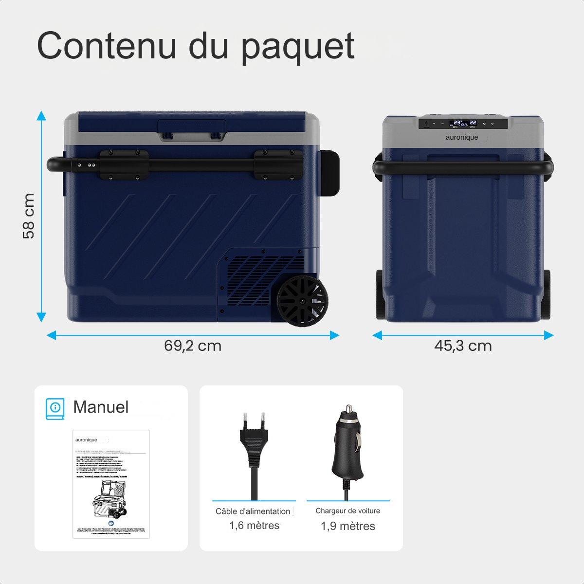 Glacière électrique Auronic avec roues - congélation et refroidissement - 58L - 69.2 x 45.3 x 58 cm - bleu