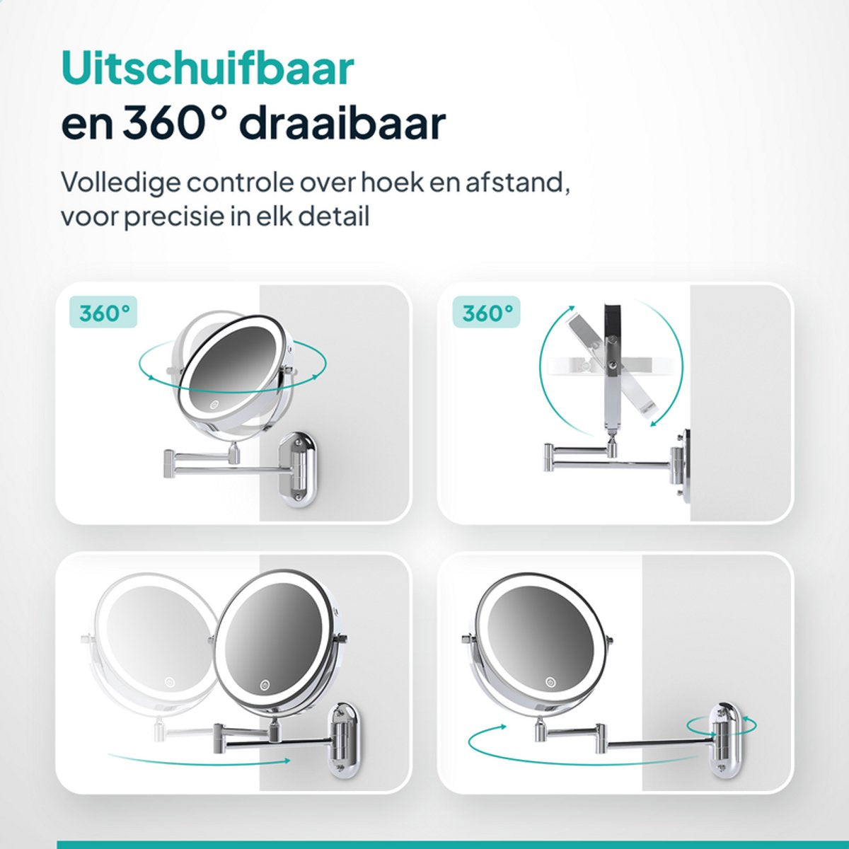 Mirlux Miroir de maquillage avec éclairage LED 20 cm - grossissement 10x - rechargeable - miroir mural avec bras extensible - chrome