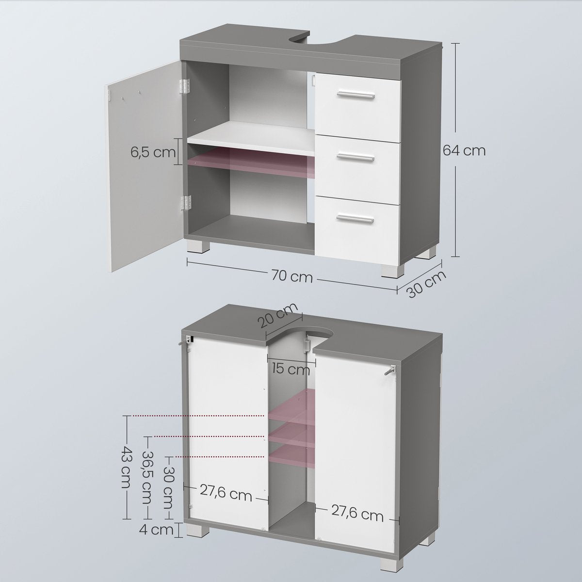 EUGAD meuble bas pour lavabo - meuble de salle de bain avec 3 tiroirs et 2 compartiments - étagère réglable - blanc gris - 60 x 60 x 30 cm
