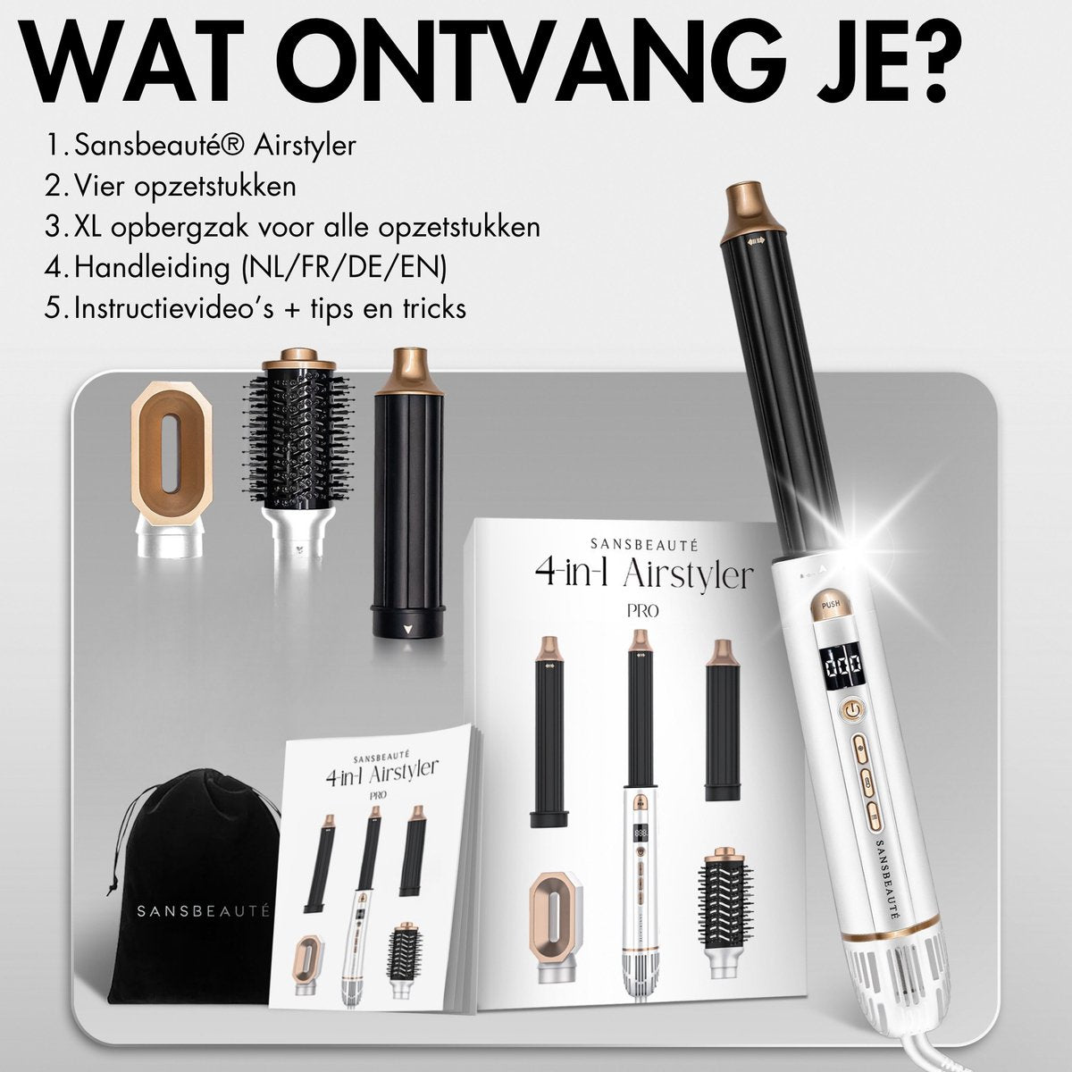 Sansbeauté 4-in-1 Airstyler - Multistyler - Brosse à cheveux - Brosse à boucler - Brosse à coiffer - 1400W - Technologie ionique - Blanc/Or