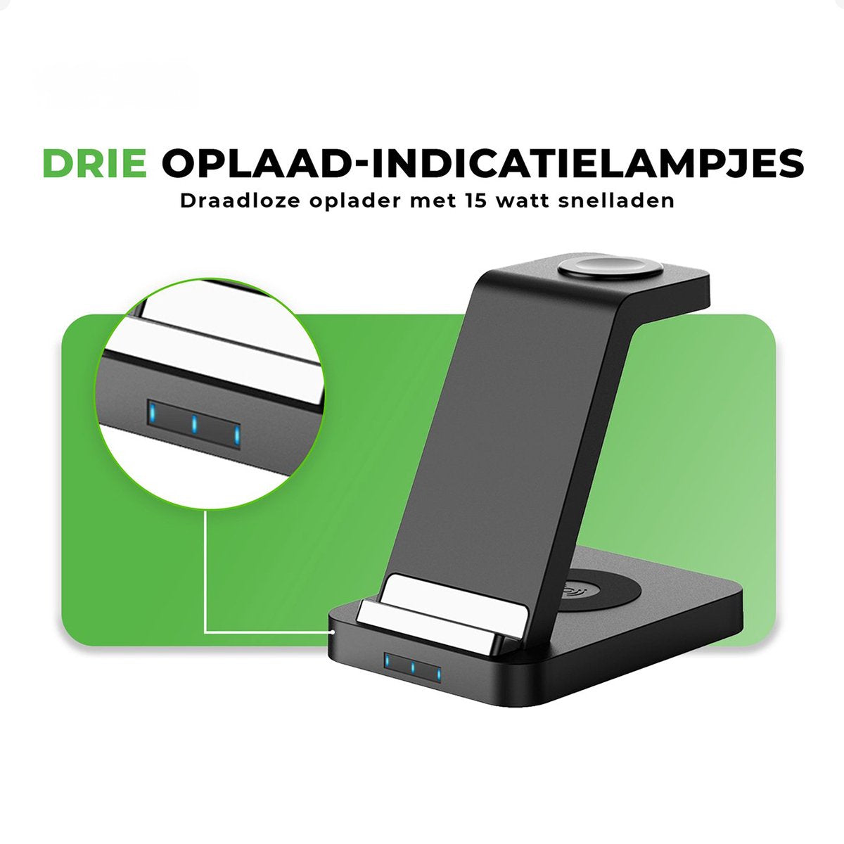 iSetchi Wireless 3-in-1 Charging Station - Indicateur LED - Chargement rapide 15W - Noir