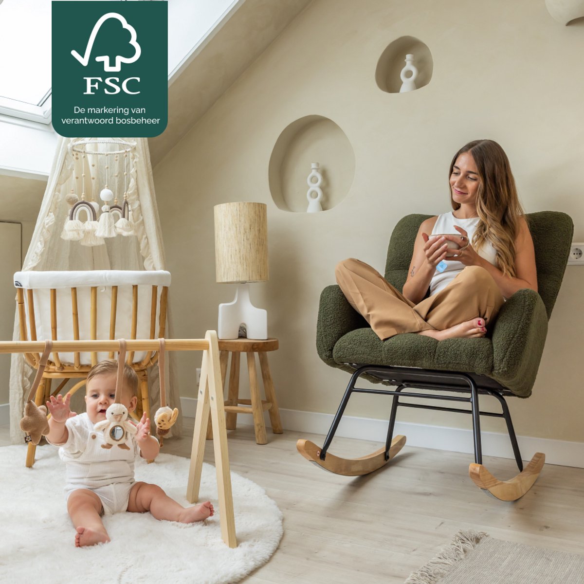 SITTT Fauteuil à bascule Noella - vert foncé - 70x96x97 cm - fauteuil de relaxation et de puériculture