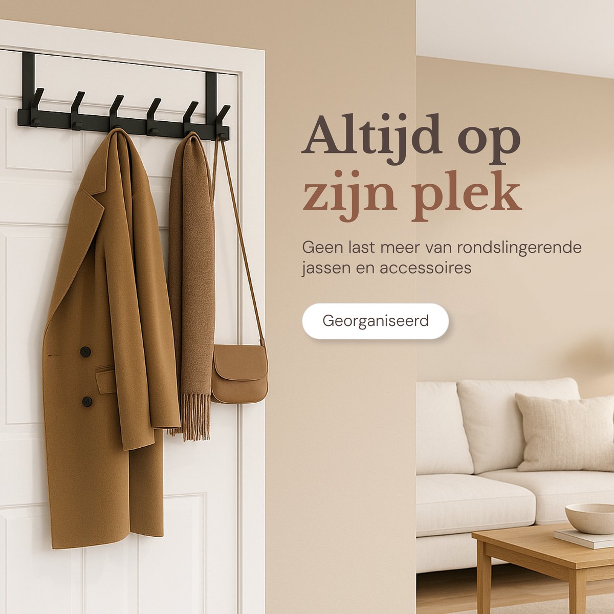 O'DADDY® Porte-manteau - 6 crochets - Crochet de porte - Cintre de porte - Porte-manteau suspendu - Crochet suspendu - Fixation avec du ruban adhésif 3M - Design industriel - Noir