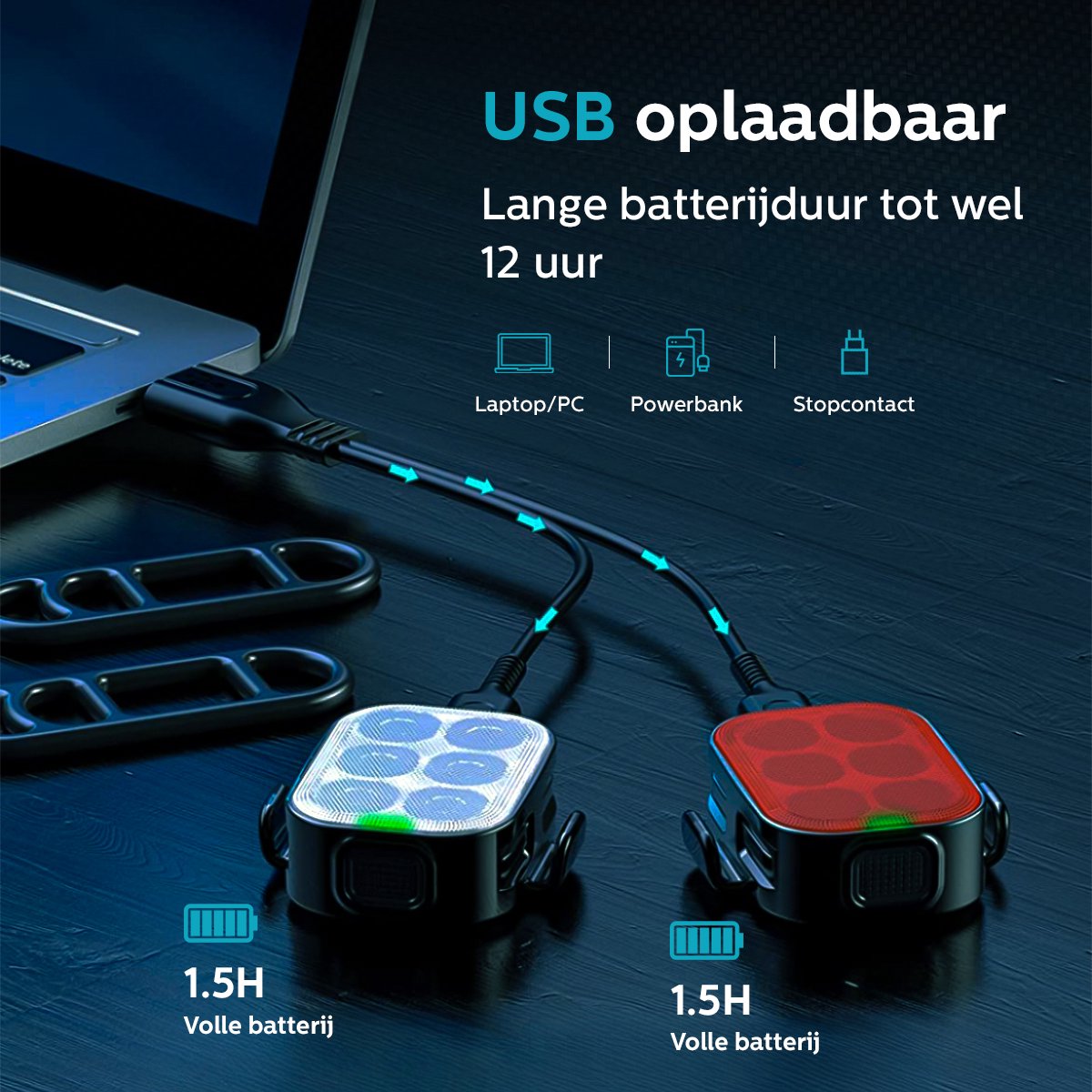 Inlustro LED Bicycle Light Set - Feux avant et arrière - Rechargeable par USB - Étanche - 7,5 x 3,2 cm - Noir