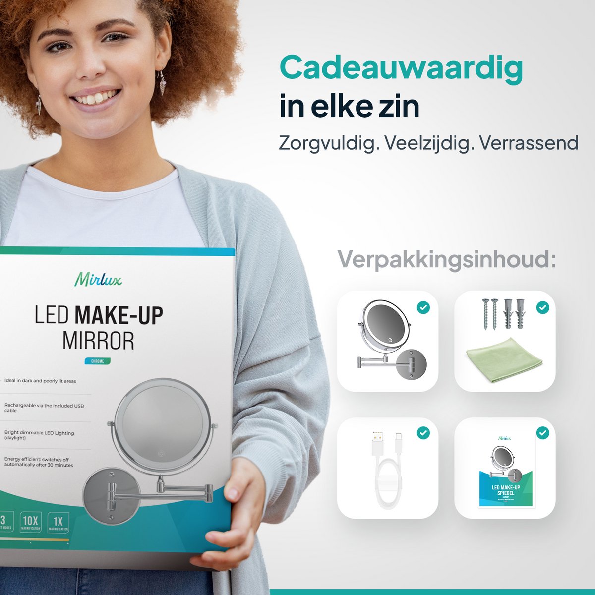 Mirlux Miroir de maquillage avec éclairage LED - Rechargeable - grossissement 5x - Miroir grossissant avec lumière - Miroir de rasage - Miroir de salle de bain - Chrome