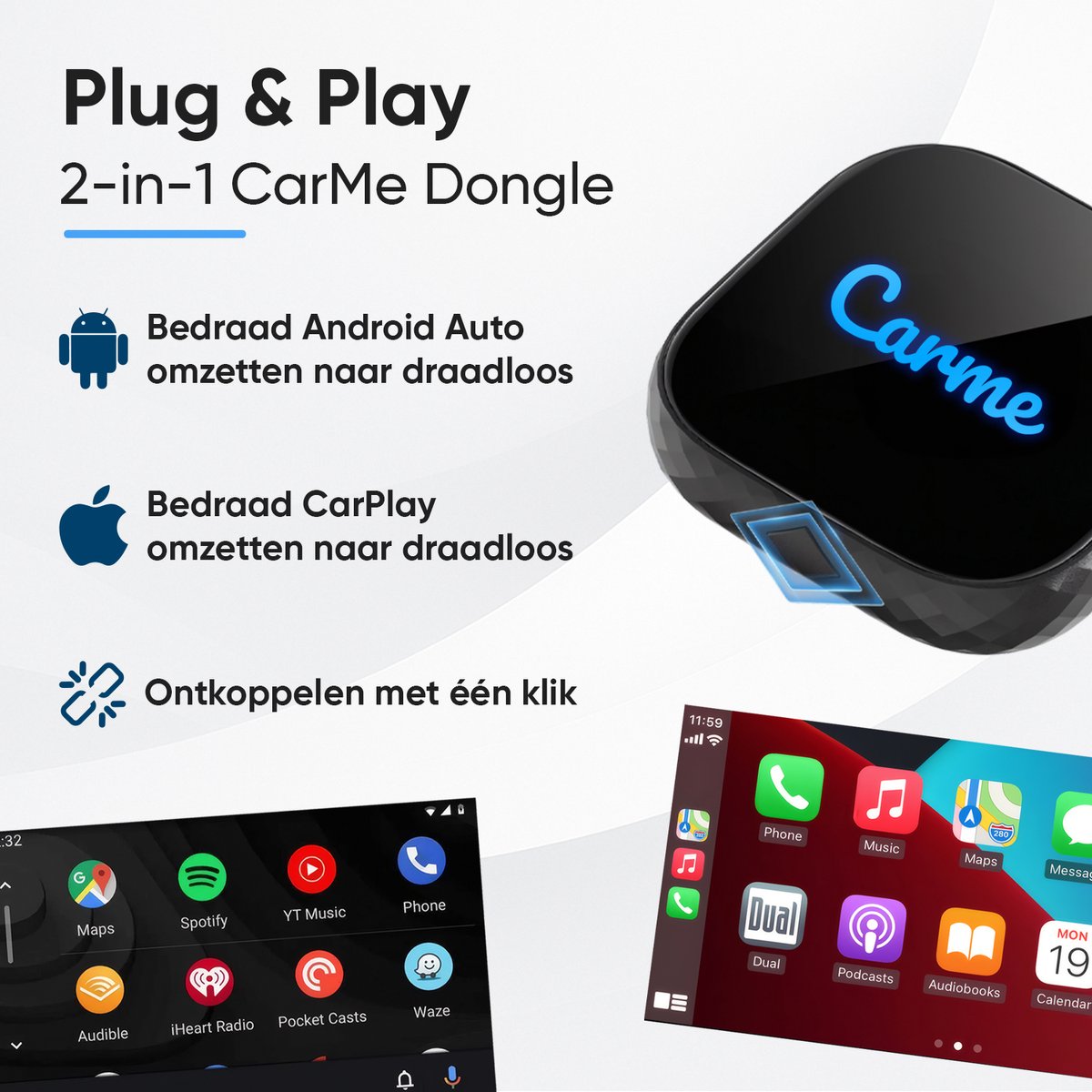 CarMe Premium 2-in-1 CarPlay Dongle - Wireless CarPlay & Android Auto - USB-A & USB-C - Connexion 5GHz - Auto Pairing - Noir