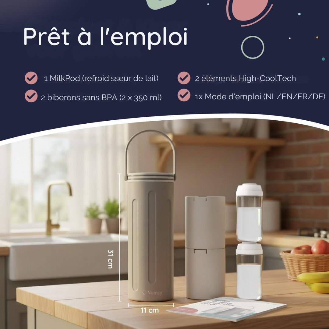 Refroidisseur de lait pour bébé Numsy - Refroidisseur de lait maternel portable - 24h de refroidissement - Pas de condensation - 2x350ml biberons sans BPA inclus - Anti-fuites - Gris clair