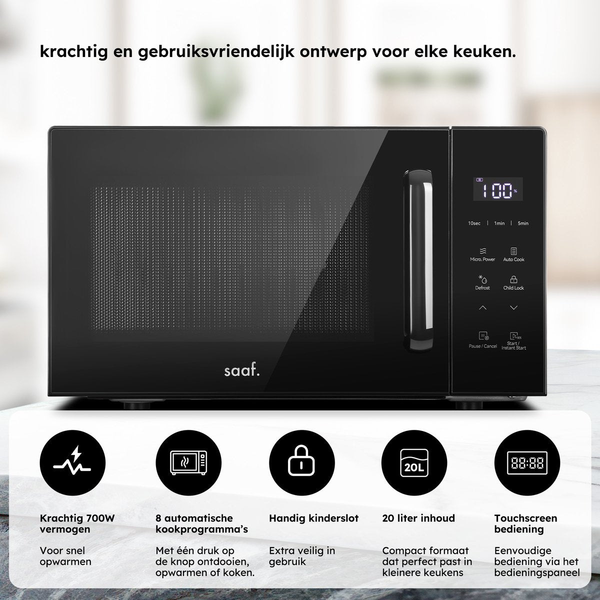 Saaf Micro-ondes - 20L - Ecran tactile - 700W - Noir - 462×332×264 mm