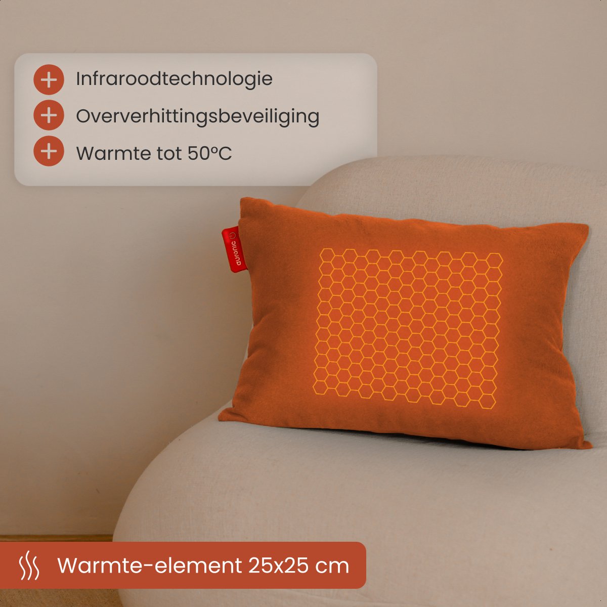 Auronic Classic Heat Pillow - 45x60 cm - sans fil et rechargeable - chaleur infrarouge - 3 niveaux - orange
