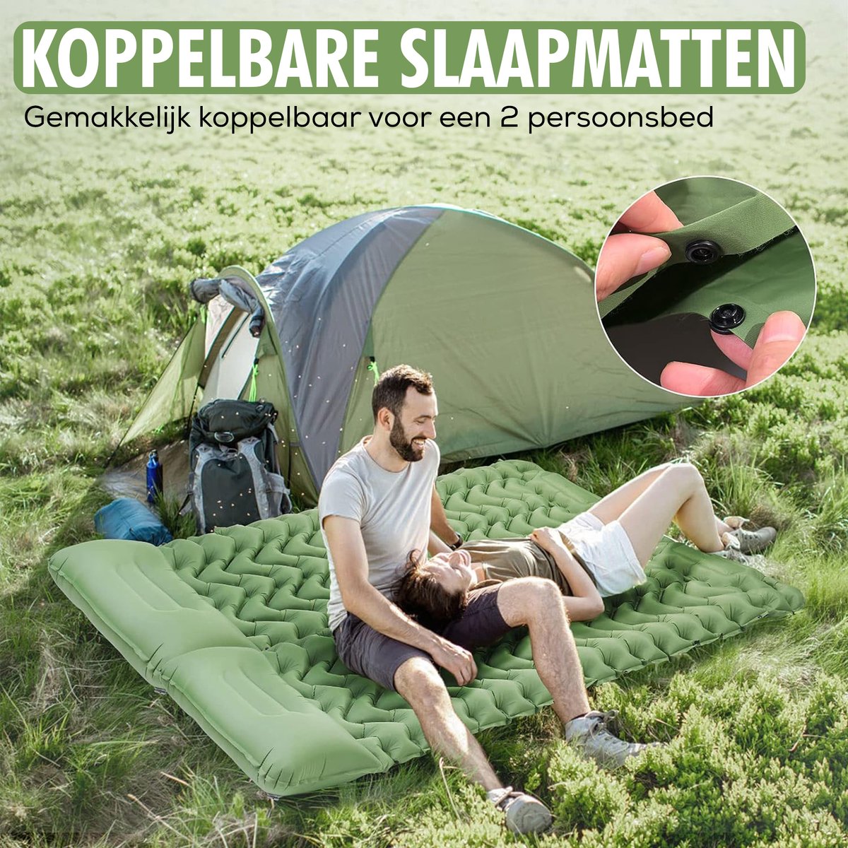 Travelhawk Airbed - Lit de camping - Pompe intégrée - 1 personne - Matelas de couchage 1 personne - Système Click - Vert