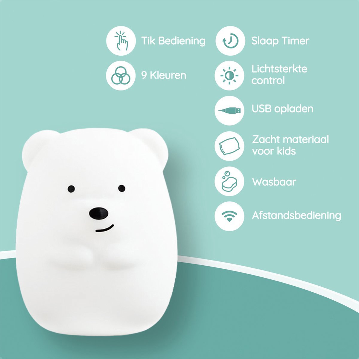 Ourson veilleuse pour enfants Sleepy Friends - 8 couleurs - Dimmable et rechargeable par USB - 95 x 97 x 100 mm - Veilleuse pour chambre de bébé et d'enfant