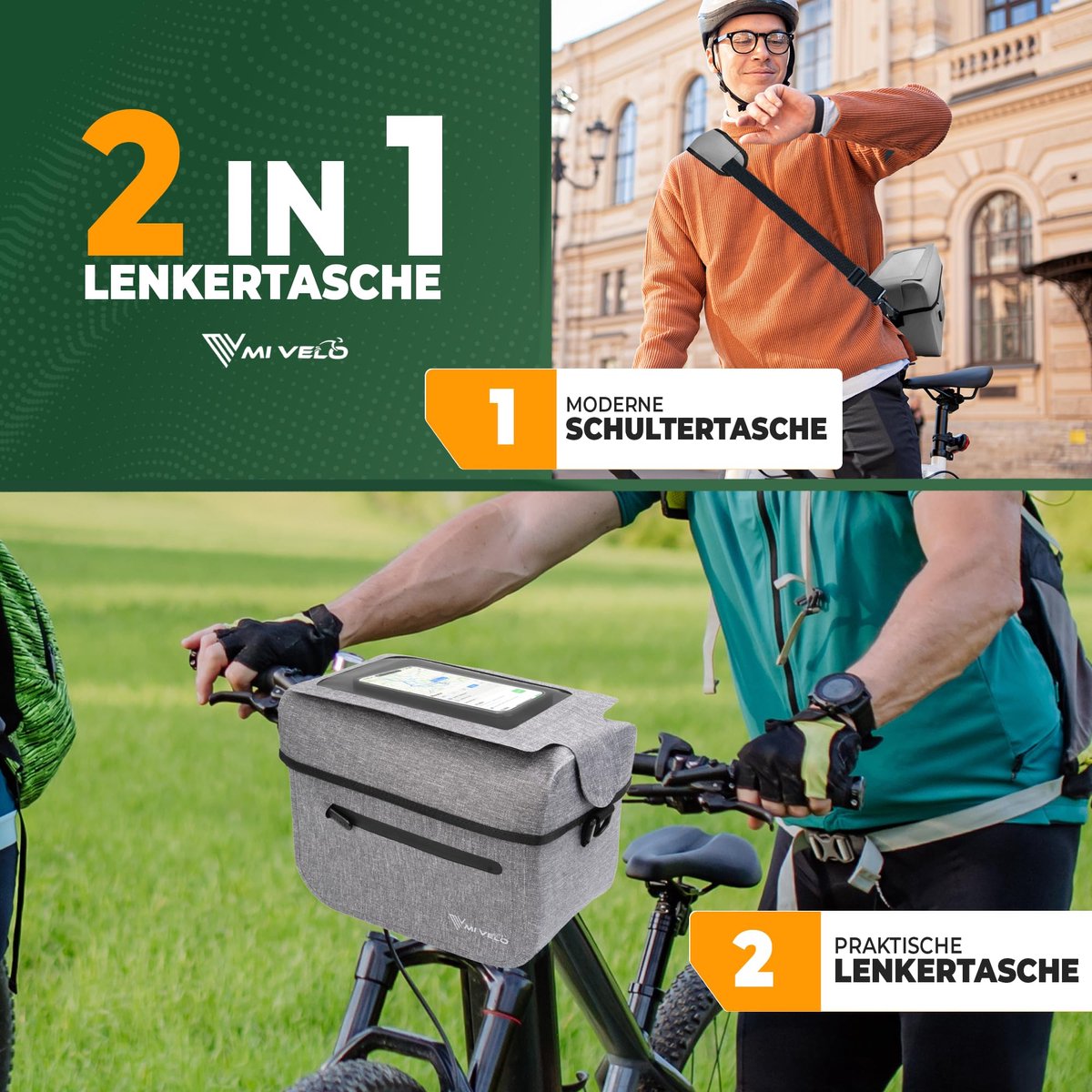 MIVELO Sacoche guidon enfant KLICKfix - Imperméable - Compartiment mobile - Gris