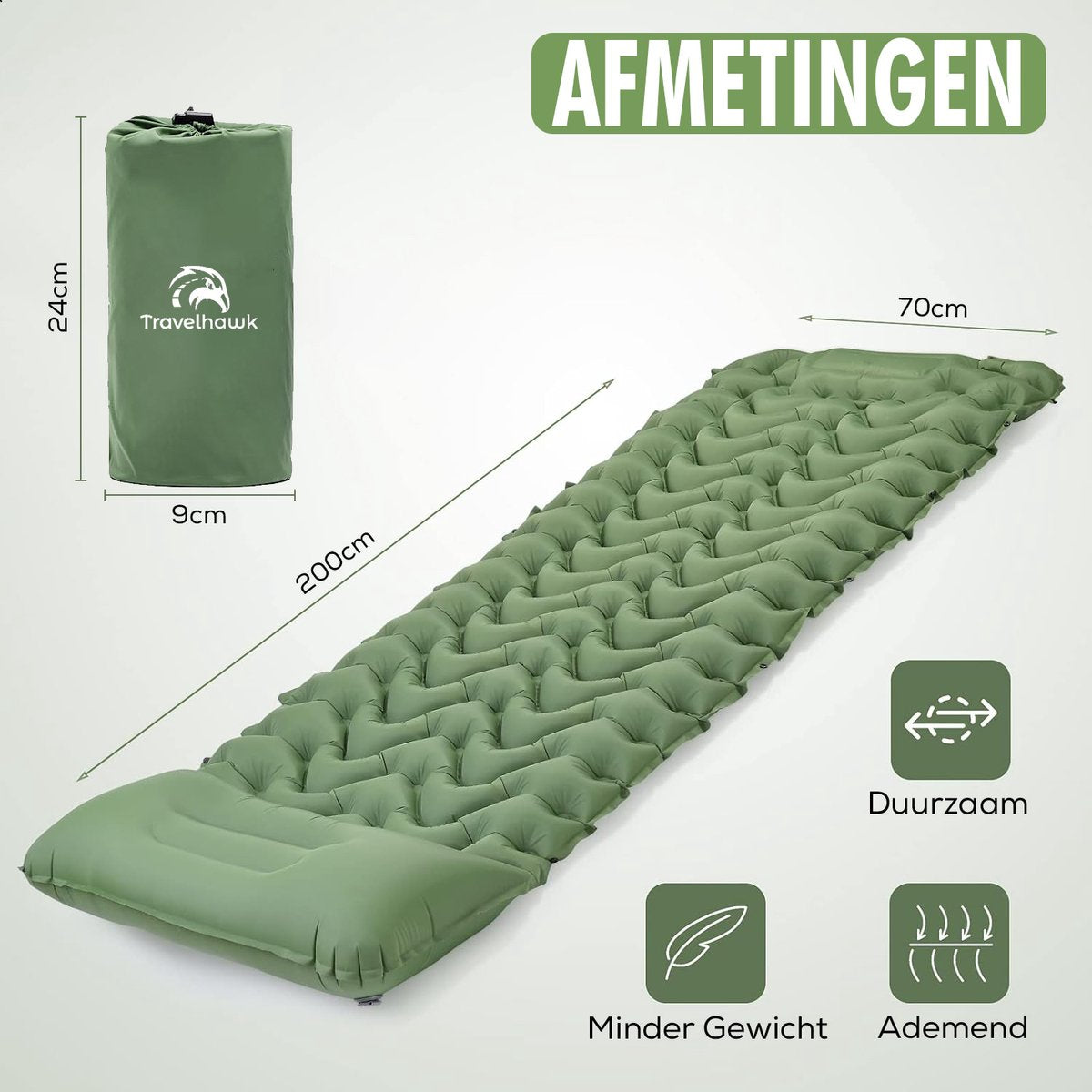 Travelhawk Airbed - Lit de camping - Pompe intégrée - 1 personne - Matelas de couchage 1 personne - Système Click - Vert