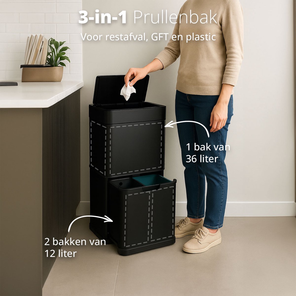 Home & Comfort - FlinQ Senzaro 60L Trash Bin Waste Separation - Poubelle - Poubelle de tri sélectif - Détecteur de mouvement - Noir