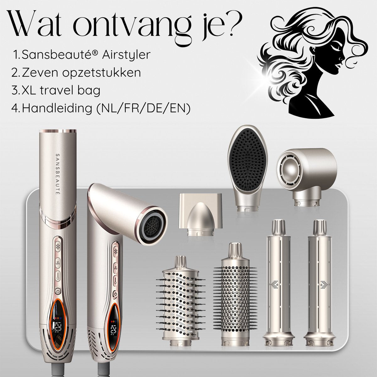 Sansbeauté® 7-in-1 Airstyler - Multistyler - Brosse sèche-cheveux - Fer à boucler - Brosse coiffante - Styler les cheveux - Brosse chauffante - Or