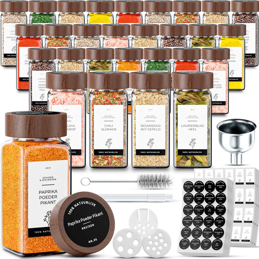 Organess Set de pots à épices 42 pièces carrées - Couvercle en acacia - Etiquettes et accessoires inclus - 120ml
