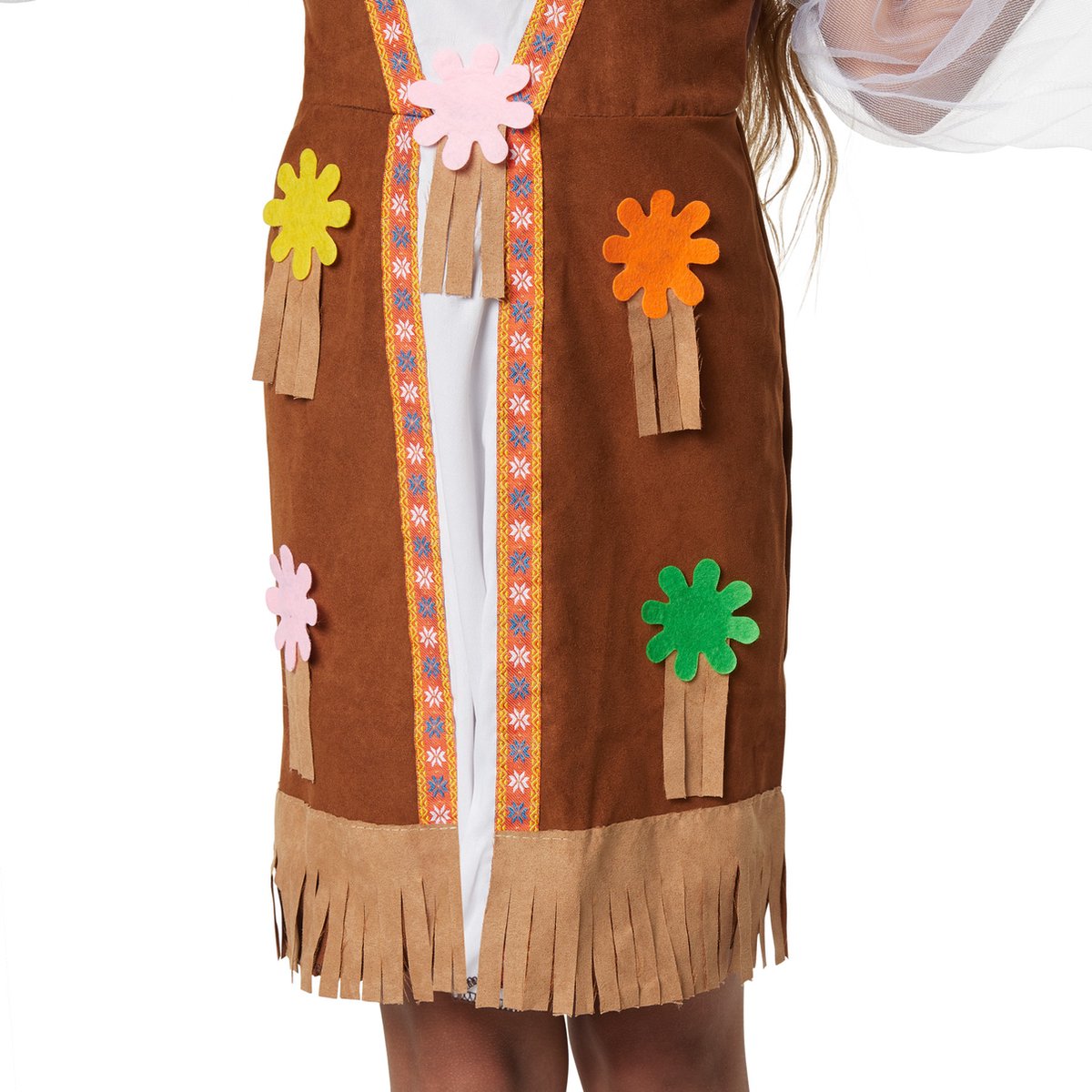 Dressforfun - Groovy Hippie Squaw - Costume de fille avec robe courte, gilet en suédine, franges et bandeau pour le carnaval et la fête - Taille 140 (9-10 ans)