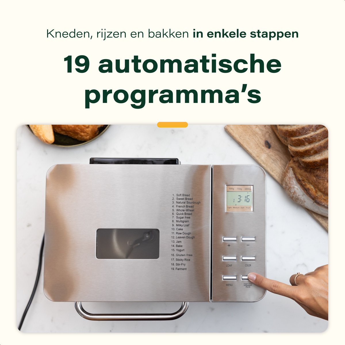 Skoov Bakemaster Machine à pain en acier inoxydable - 345x248x310 mm - 19 Programmes - Sans gluten - 1000g - Minuterie 15 heures - 650W