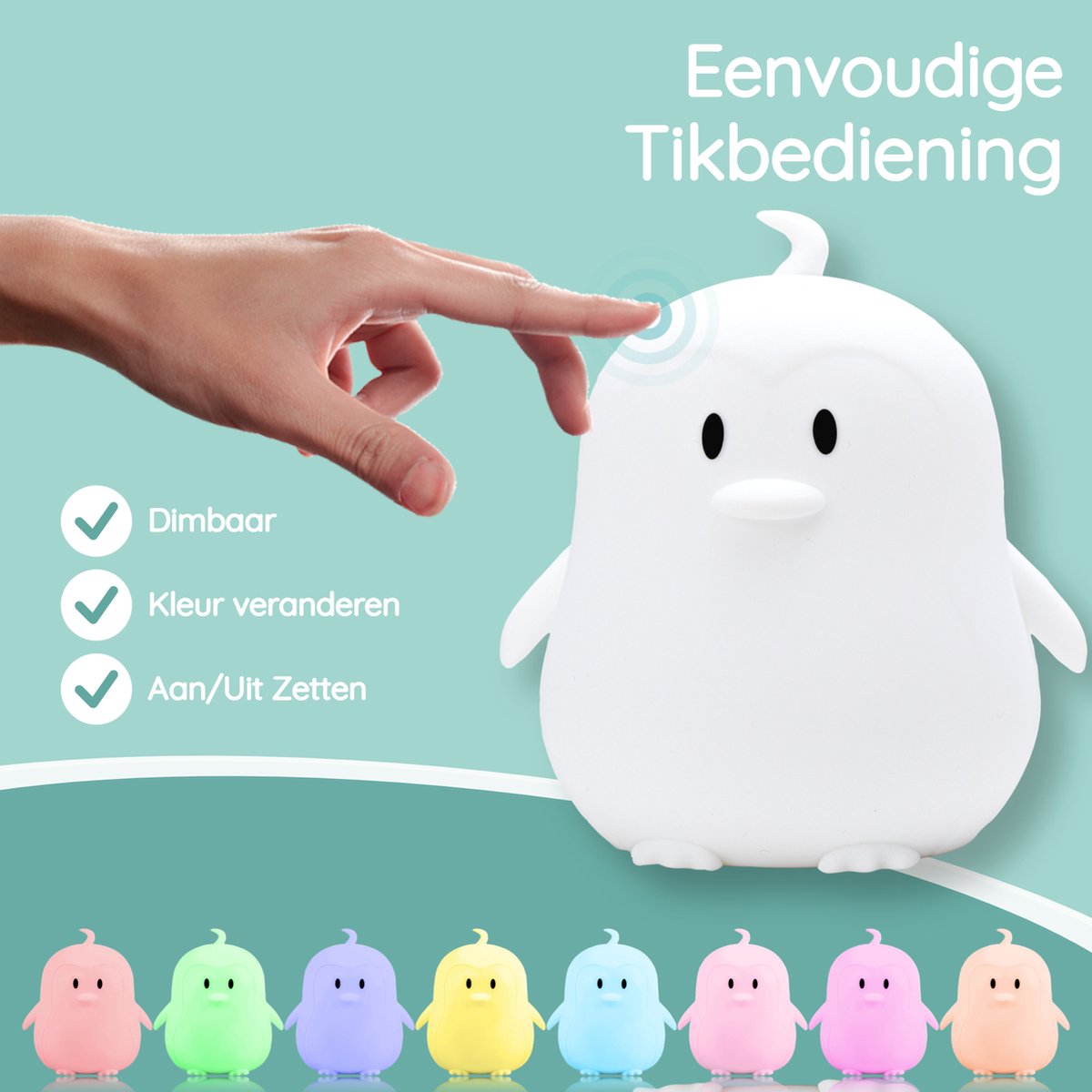 Veilleuse Sleepy Friends Penguin Kids - 8 couleurs LED - Dimmable & Touch - Rechargeable par USB - 95.2 x 97.4 x 100 mm - Silicone doux