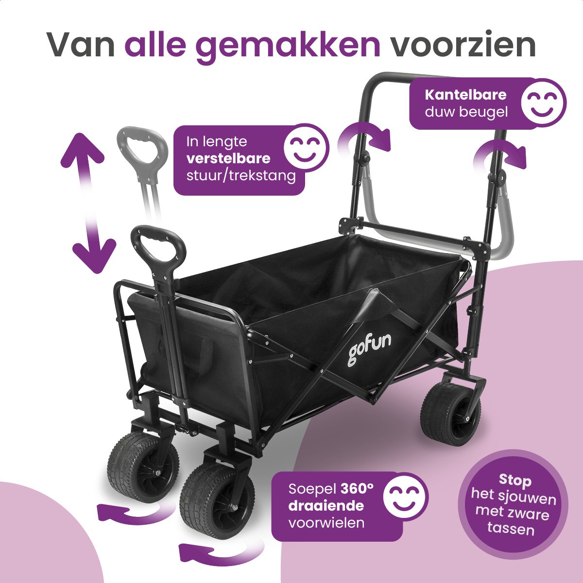 Gofun - Chariot pour chariots et bornes - Capacité de charge de 150 kg - Pliable avec roues pivotantes à 360 degrés - 83 x 44 x 26 cm - Métal et polyester - Noir