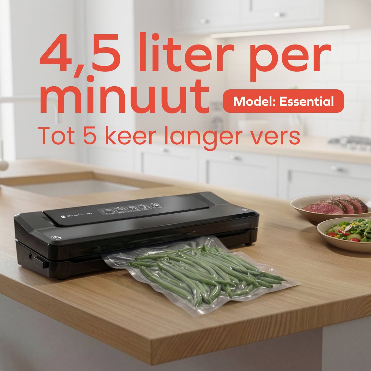 KitchenBrothers Vacuum machine Essential - Machine à emballer sous vide 4,5 L/min - 4 supports - 40 sacs de mise sous vide sans PFAS et tuyau de mise sous vide inclus - Noir