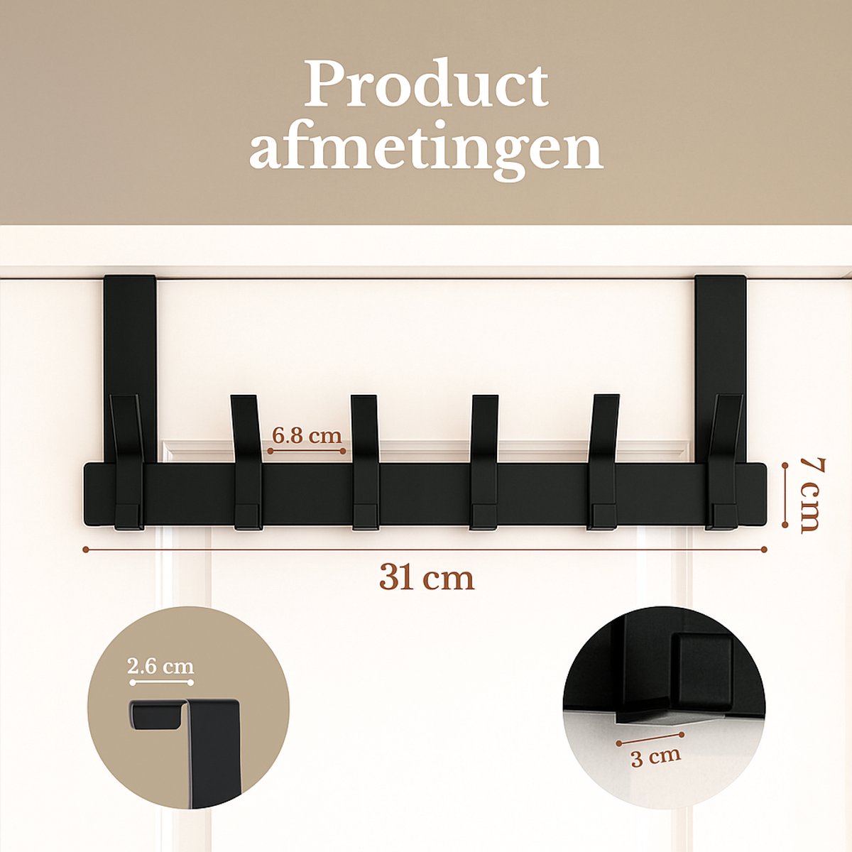 O'DADDY® Porte-manteau - 6 crochets - Crochet de porte - Cintre de porte - Porte-manteau suspendu - Crochet suspendu - Fixation avec du ruban adhésif 3M - Design industriel - Noir