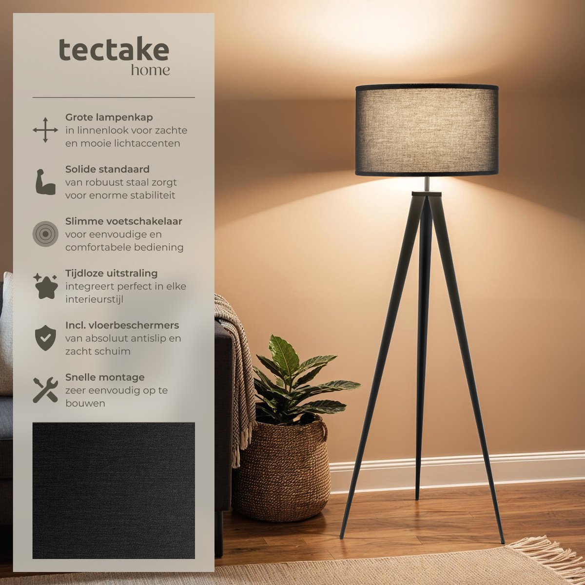 tectake® Lampadaire - Lampadaire 3 pieds - Hauteur 158 cm - Abat-jour aspect lin - Interrupteur à pied - Noir