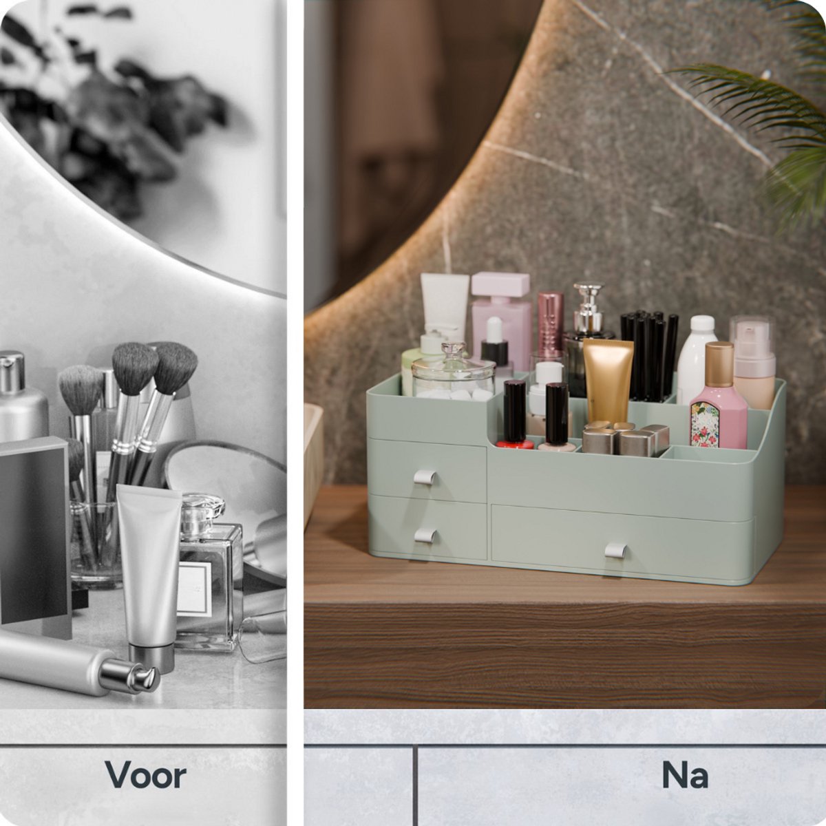 Organess Make-up Organiser 2024 - Acrylique vert - 3 tiroirs et 2 compartiments - Boîte de rangement pour les soins de la peau