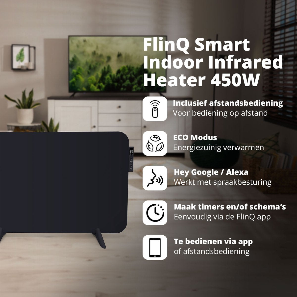 FlinQ Smart Heating Panel - Infrarouge - 450W - 12 m² - 72.5 x 2.8 x 47.5 cm - Noir
