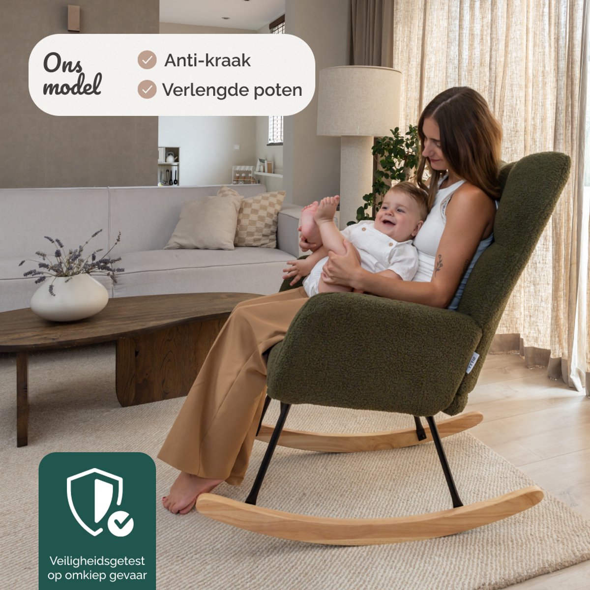 SITTT Fauteuil à bascule Noella - vert foncé - 70x96x97 cm - fauteuil de relaxation et de puériculture