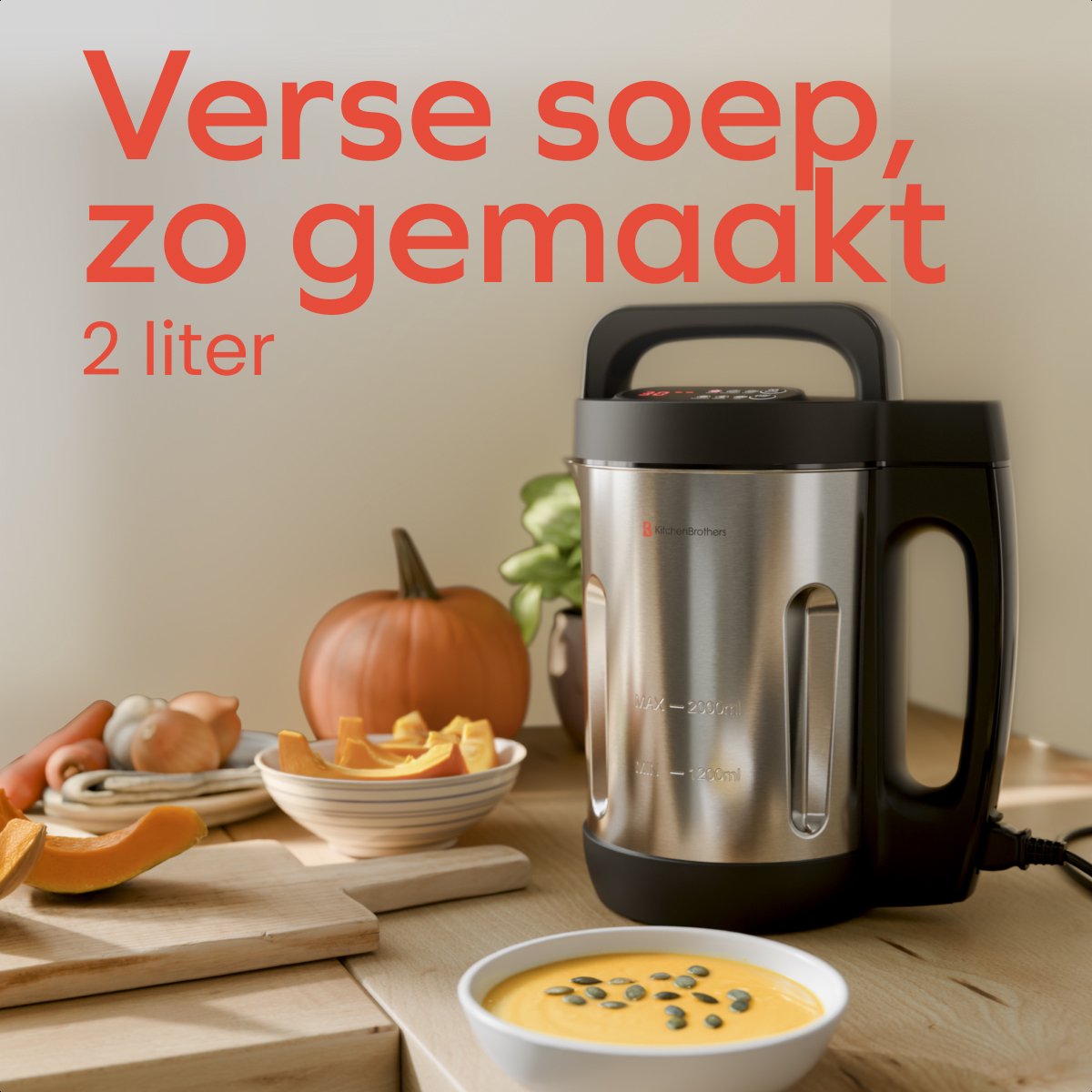 KitchenBrothers Machine à soupe - 2L - 5 programmes - affichage de la minuterie - mixeur - acier inoxydable/noir
