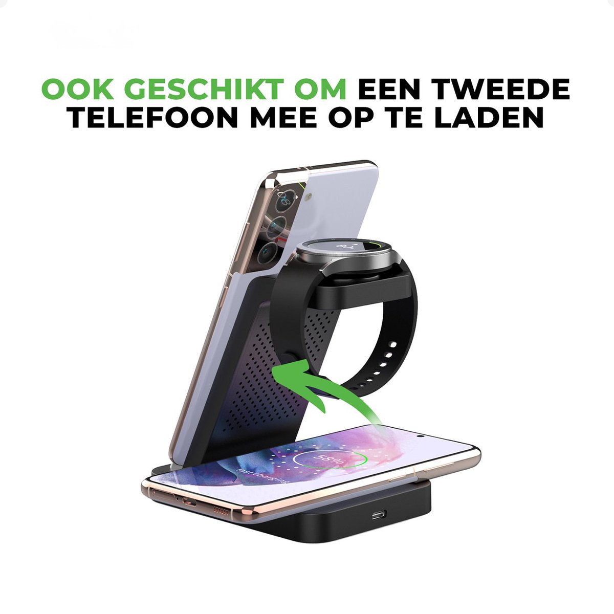 iSetchi Wireless 3-in-1 Charging Station - Indicateur LED - Chargement rapide 15W - Noir