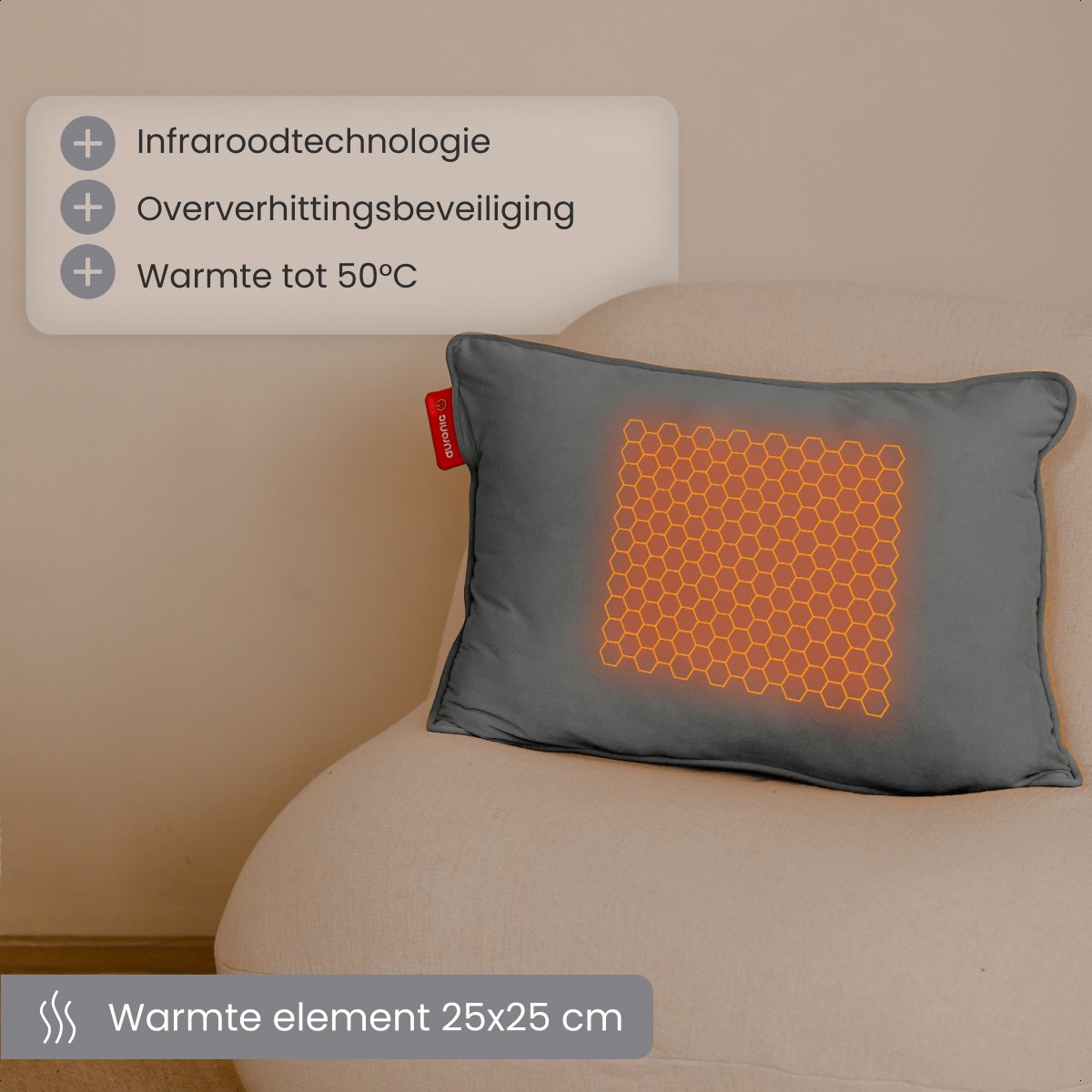 Auronic Heat Pillow - Velours - 45x60 - Sans fil - Rechargeable - Oreiller électrique - Infrarouge - Gris