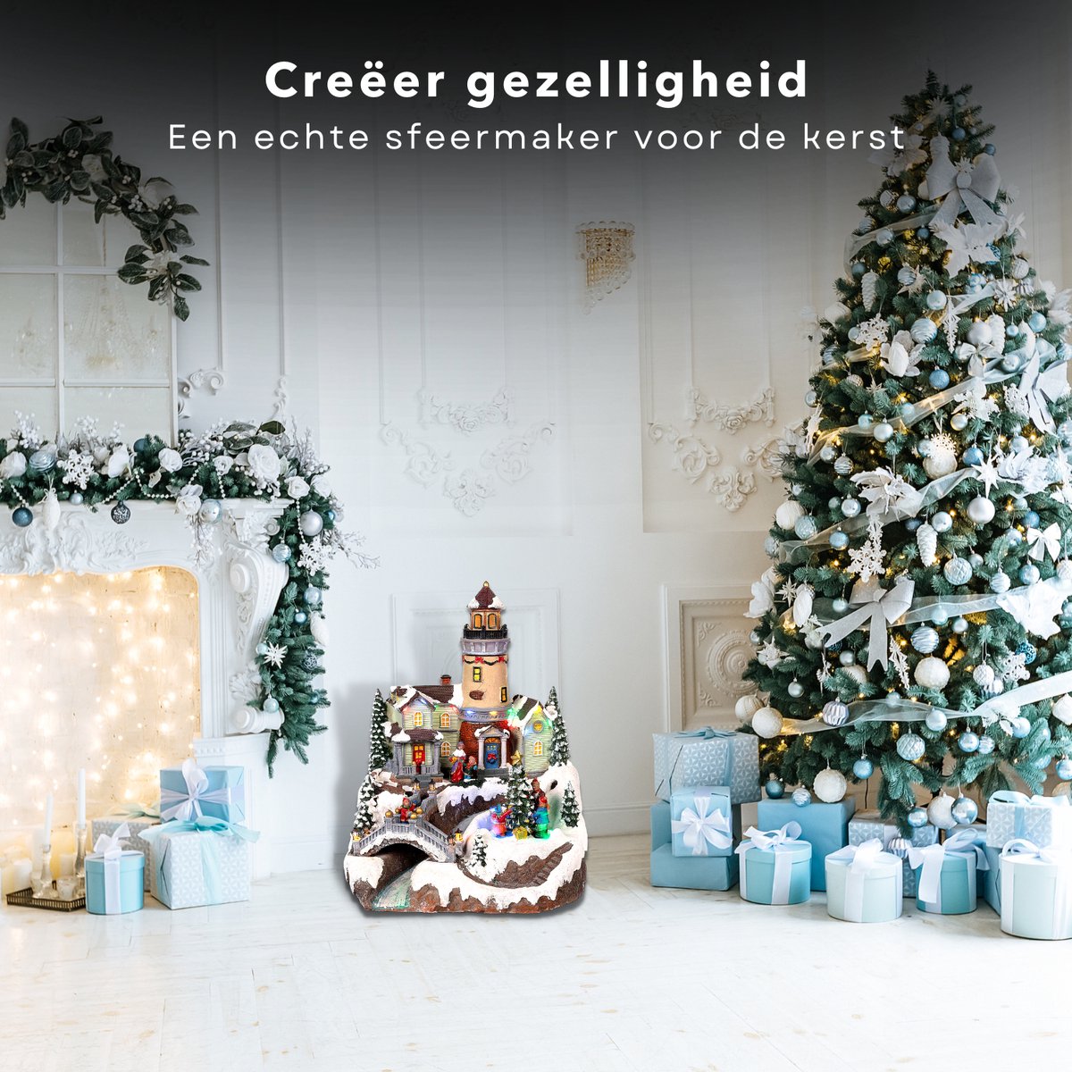 Cheqo Village de Noël avec arbre de Noël rotatif - lumière LED - 26x28x35 cm