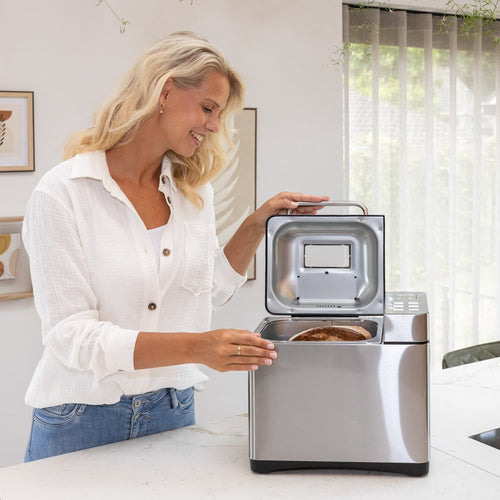 Skoov Bakemaster Machine à pain en acier inoxydable - 345x248x310 mm - 19 Programmes - Sans gluten - 1000g - Minuterie 15 heures - 650W