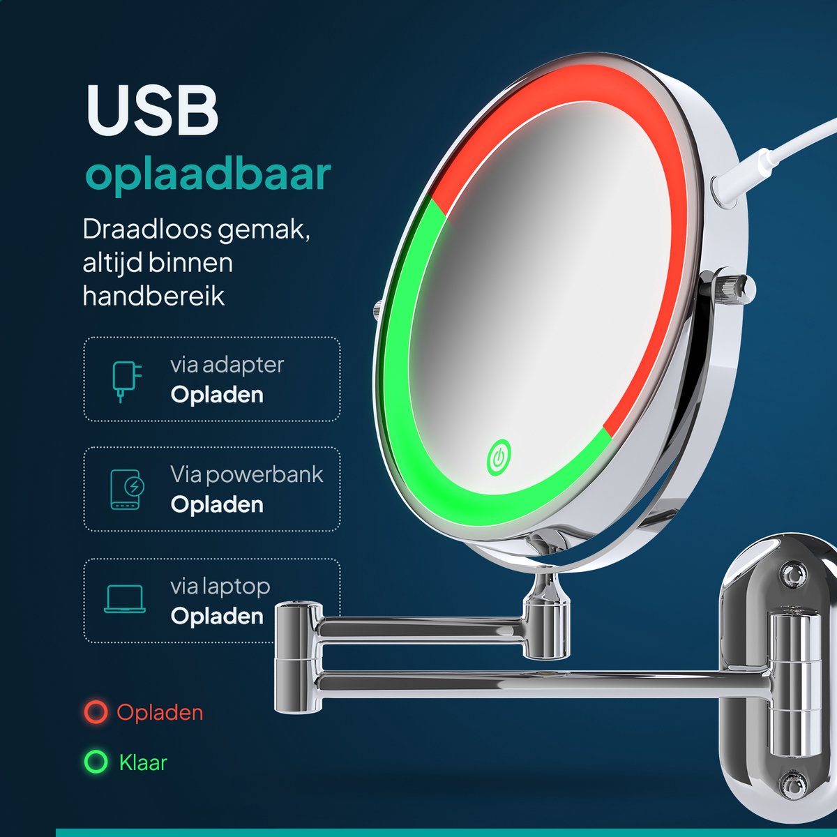 Mirlux Miroir de maquillage avec éclairage LED 20 cm - grossissement 10x - rechargeable - miroir mural avec bras extensible - chrome