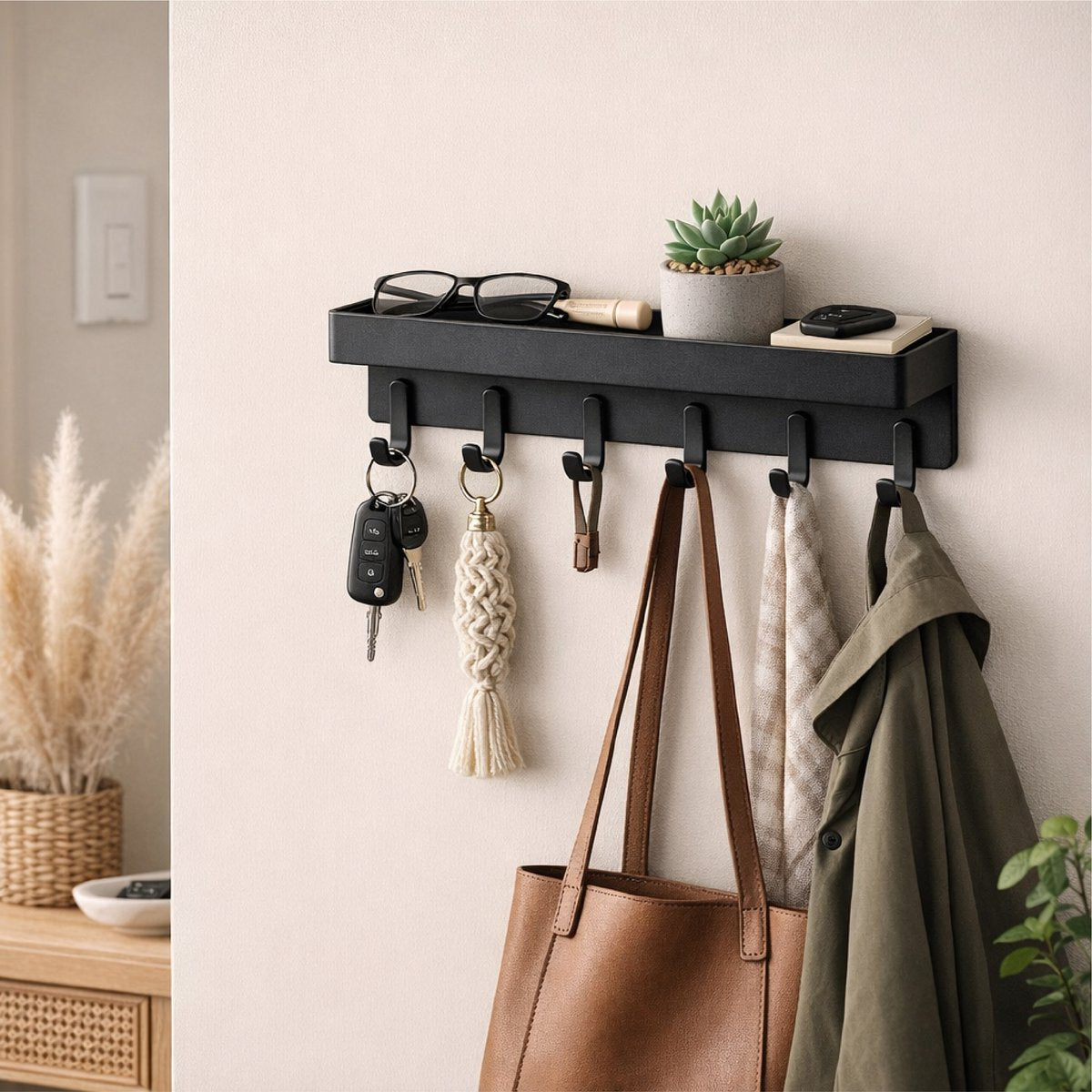 Luft Porte-clés avec étagère - 6 crochets - Porte-manteau - Organisateur - Mural - Industriel - Noir