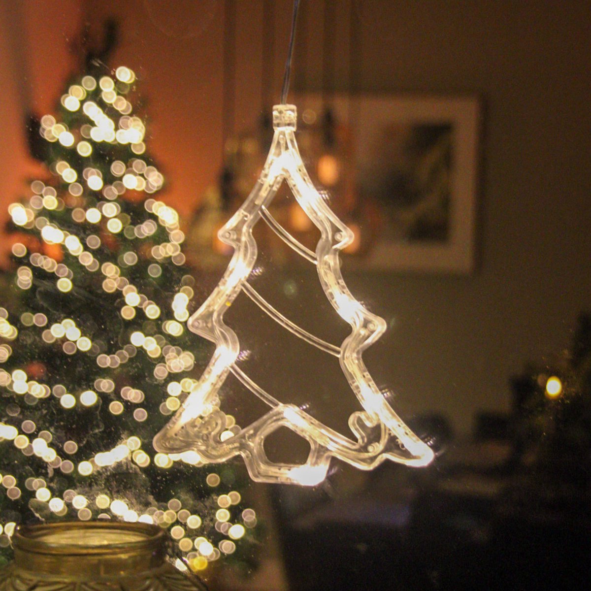 Giftmas Décoration suspendue LED Cloche de Noël & Arbre de Noël Blanc Chaud 14x18.3 cm - Alimentation par piles - Décorations de fenêtres pour l'intérieur